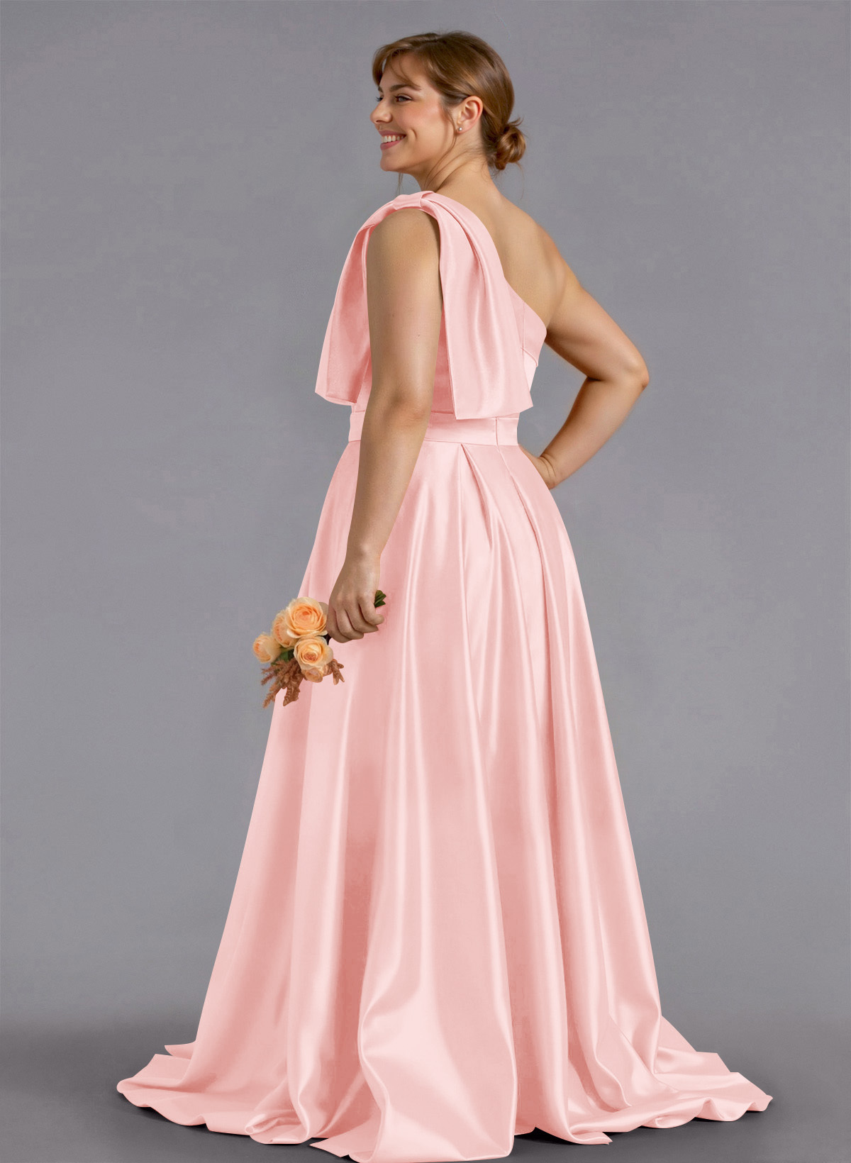 Classy Bow(s) One-Shoulder A-Line Sweep Train Satin Bridesmaid Dresses With Pockets, product image 229
