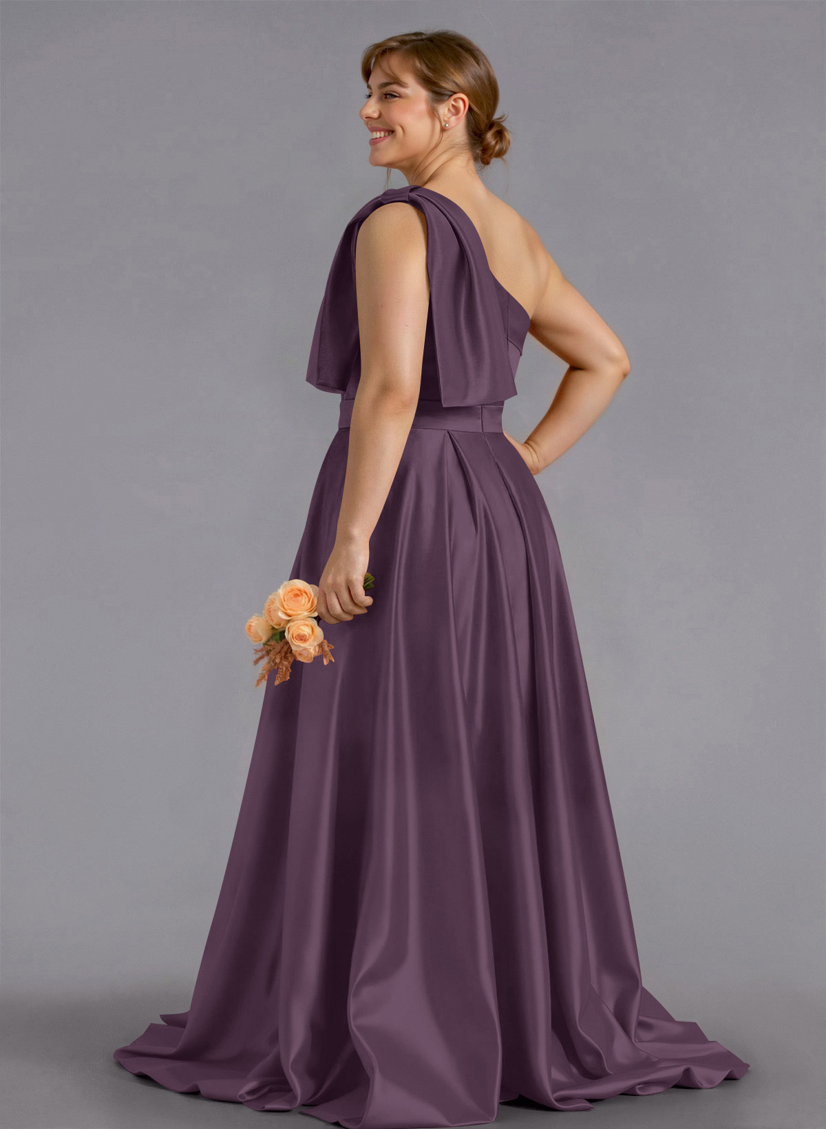Classy Bow(s) One-Shoulder A-Line Sweep Train Satin Bridesmaid Dresses With Pockets, product image 157