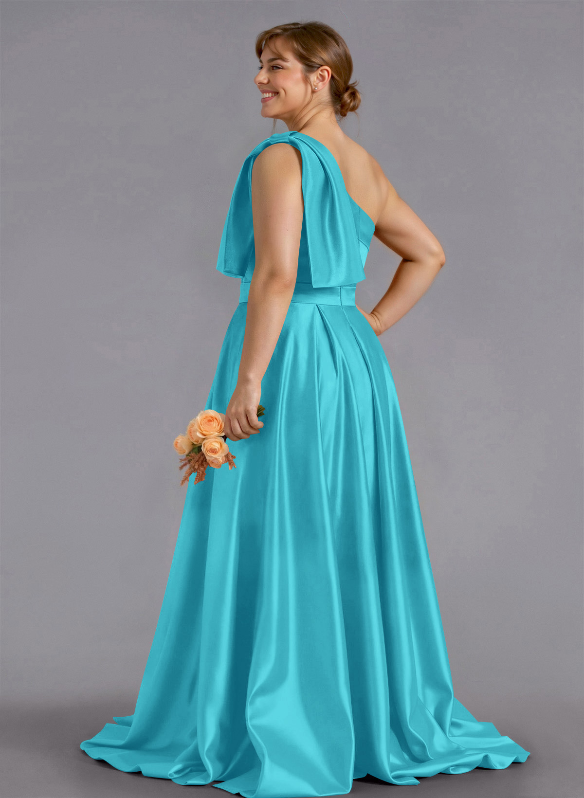 Classy Bow(s) One-Shoulder A-Line Sweep Train Satin Bridesmaid Dresses With Pockets, product image 257