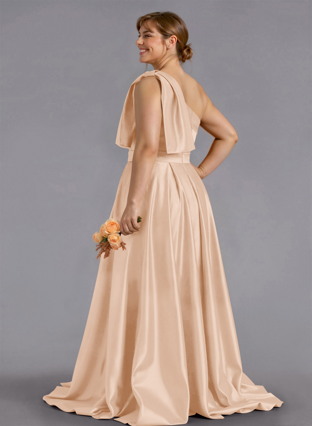 Classy Bow(s) One-Shoulder A-Line Sweep Train Satin Bridesmaid Dresses With Pockets, product image 149