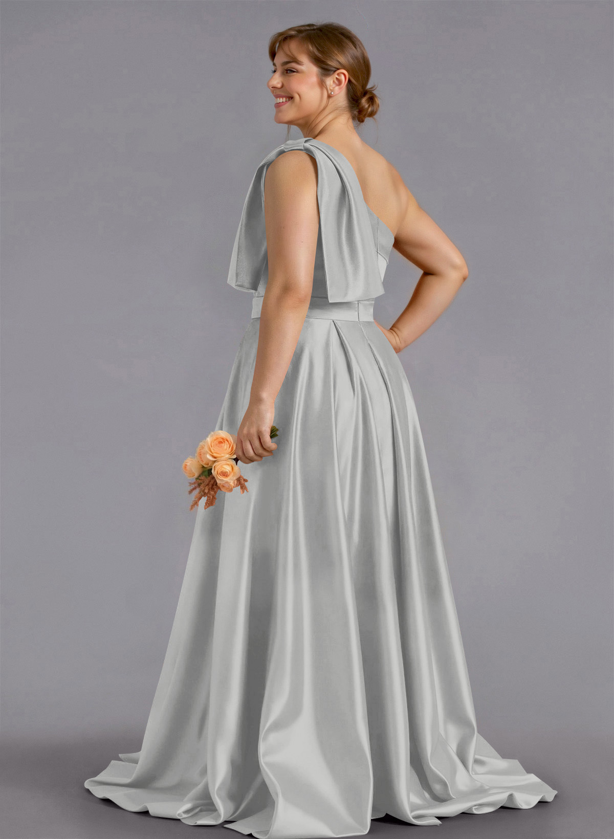 Classy Bow(s) One-Shoulder A-Line Sweep Train Satin Bridesmaid Dresses With Pockets, product image 165