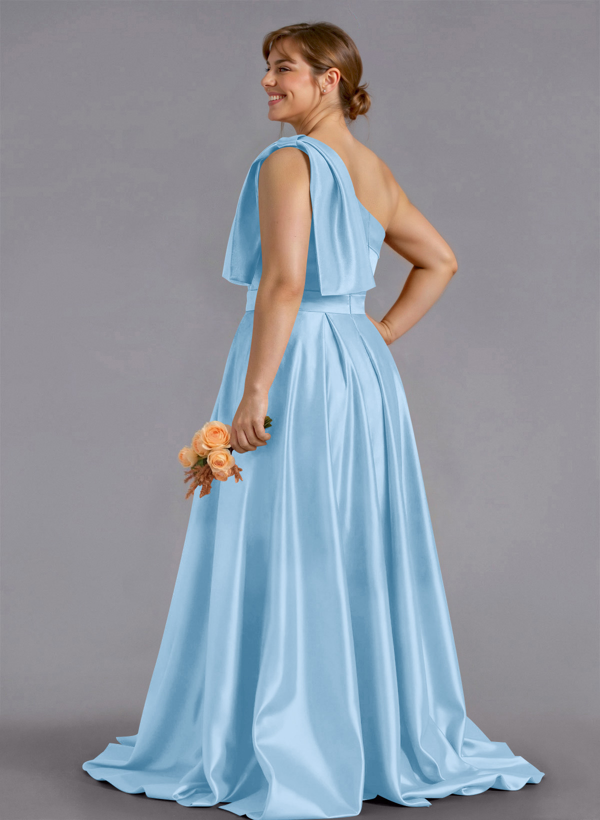 Classy Bow(s) One-Shoulder A-Line Sweep Train Satin Bridesmaid Dresses With Pockets, product image 253