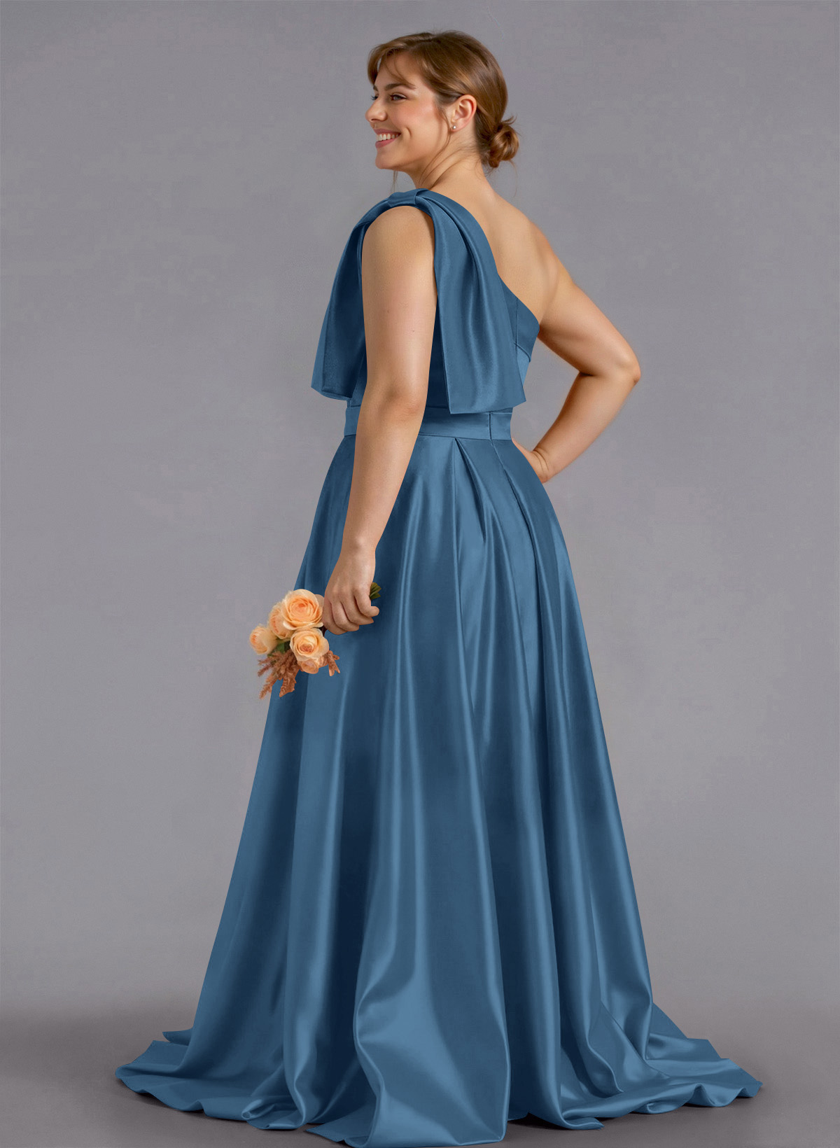 Classy Bow(s) One-Shoulder A-Line Sweep Train Satin Bridesmaid Dresses With Pockets, product image 267