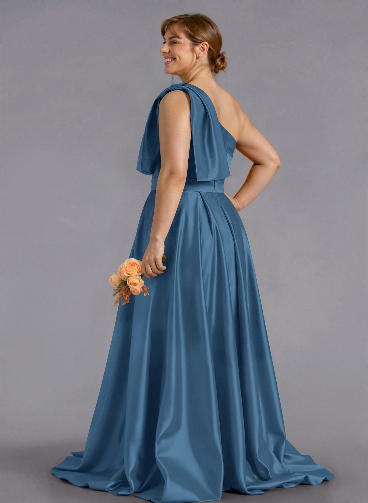 Classy Bow(s) One-Shoulder A-Line Sweep Train Satin Bridesmaid Dresses With Pockets, product image 267
