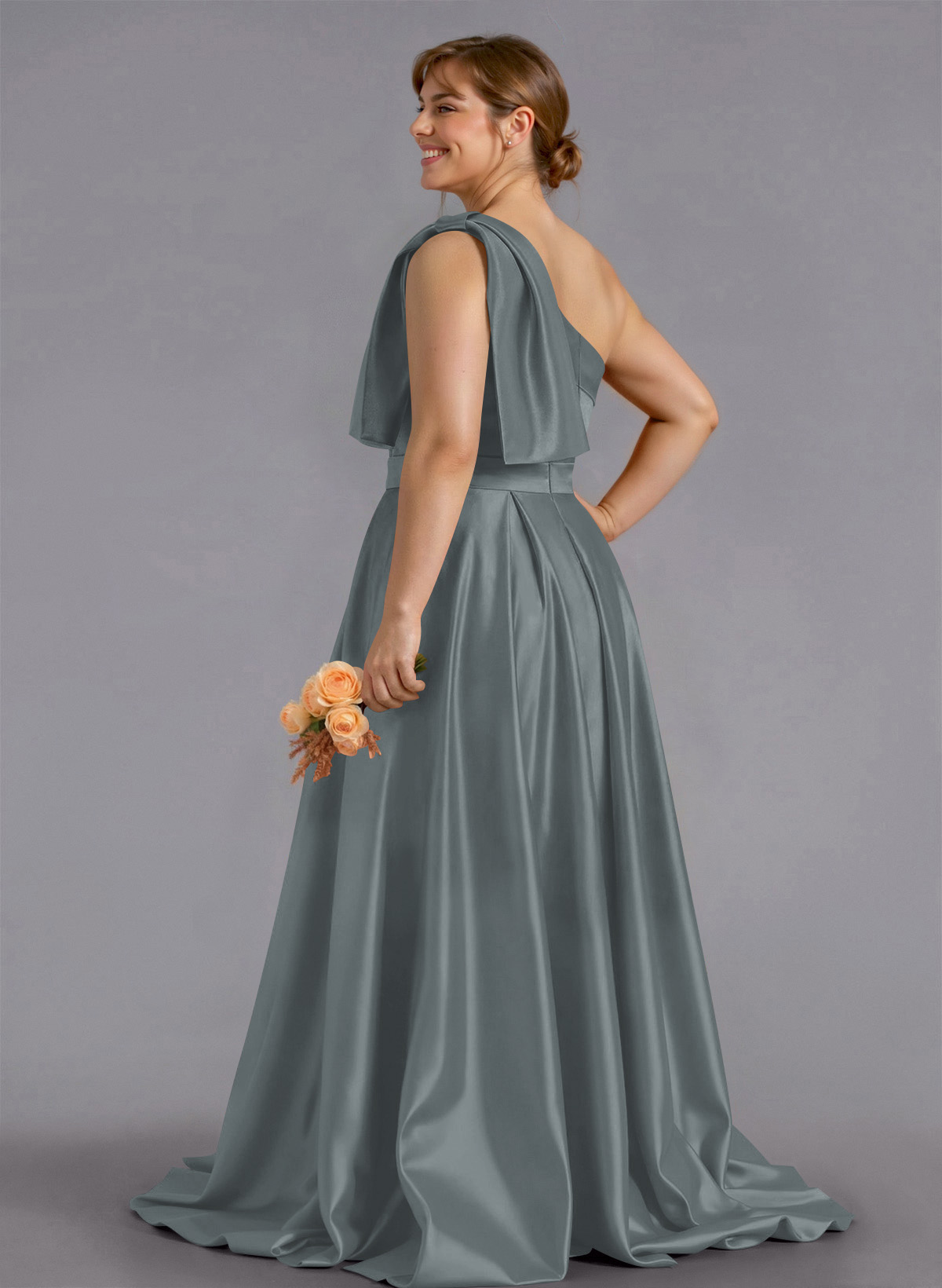 Classy Bow(s) One-Shoulder A-Line Sweep Train Satin Bridesmaid Dresses With Pockets, product image 163