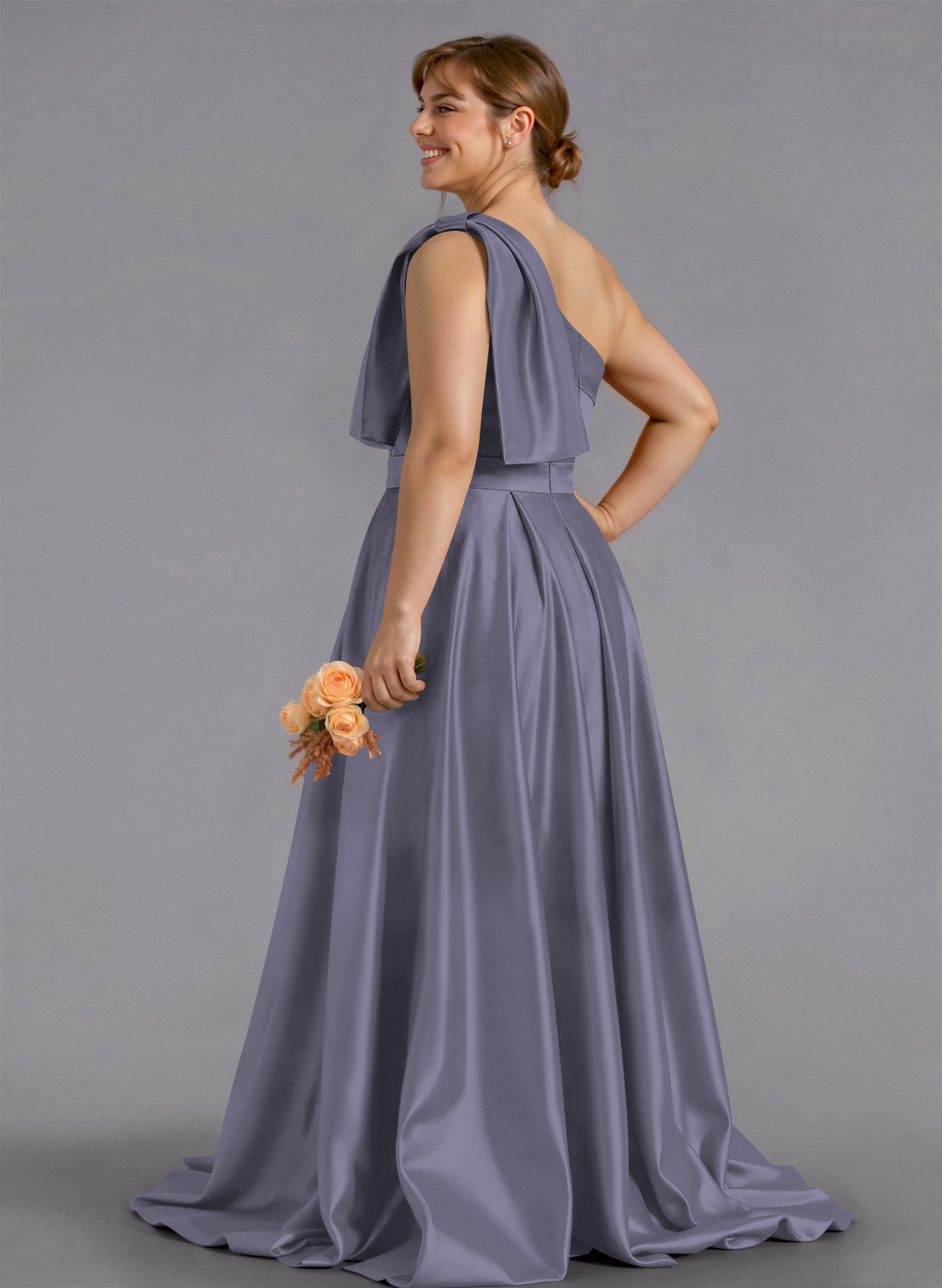 Classy Bow(s) One-Shoulder A-Line Sweep Train Satin Bridesmaid Dresses With Pockets, product image 265