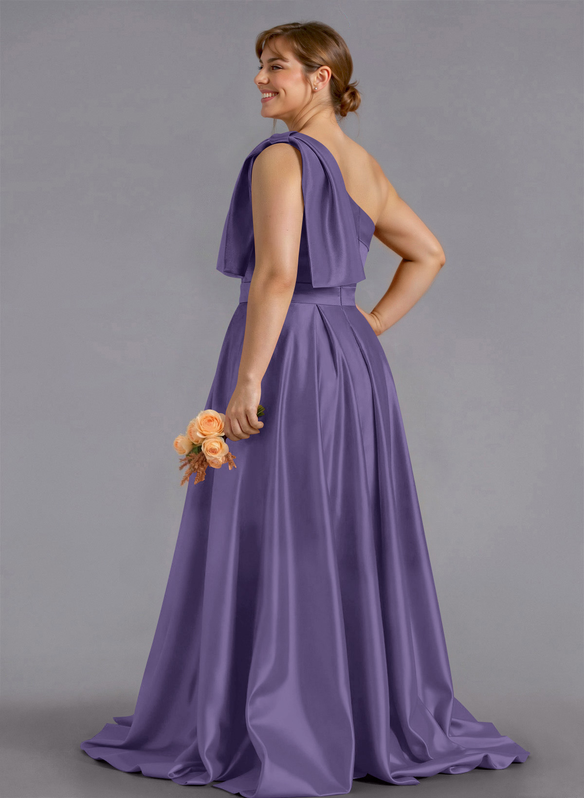 Classy Bow(s) One-Shoulder A-Line Sweep Train Satin Bridesmaid Dresses With Pockets, product image 209