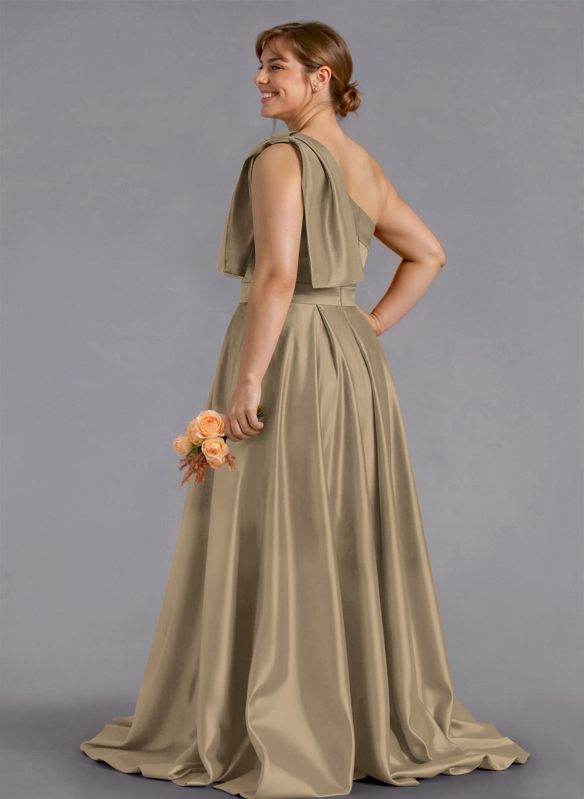 Classy Bow(s) One-Shoulder A-Line Sweep Train Satin Bridesmaid Dresses With Pockets, product image 181