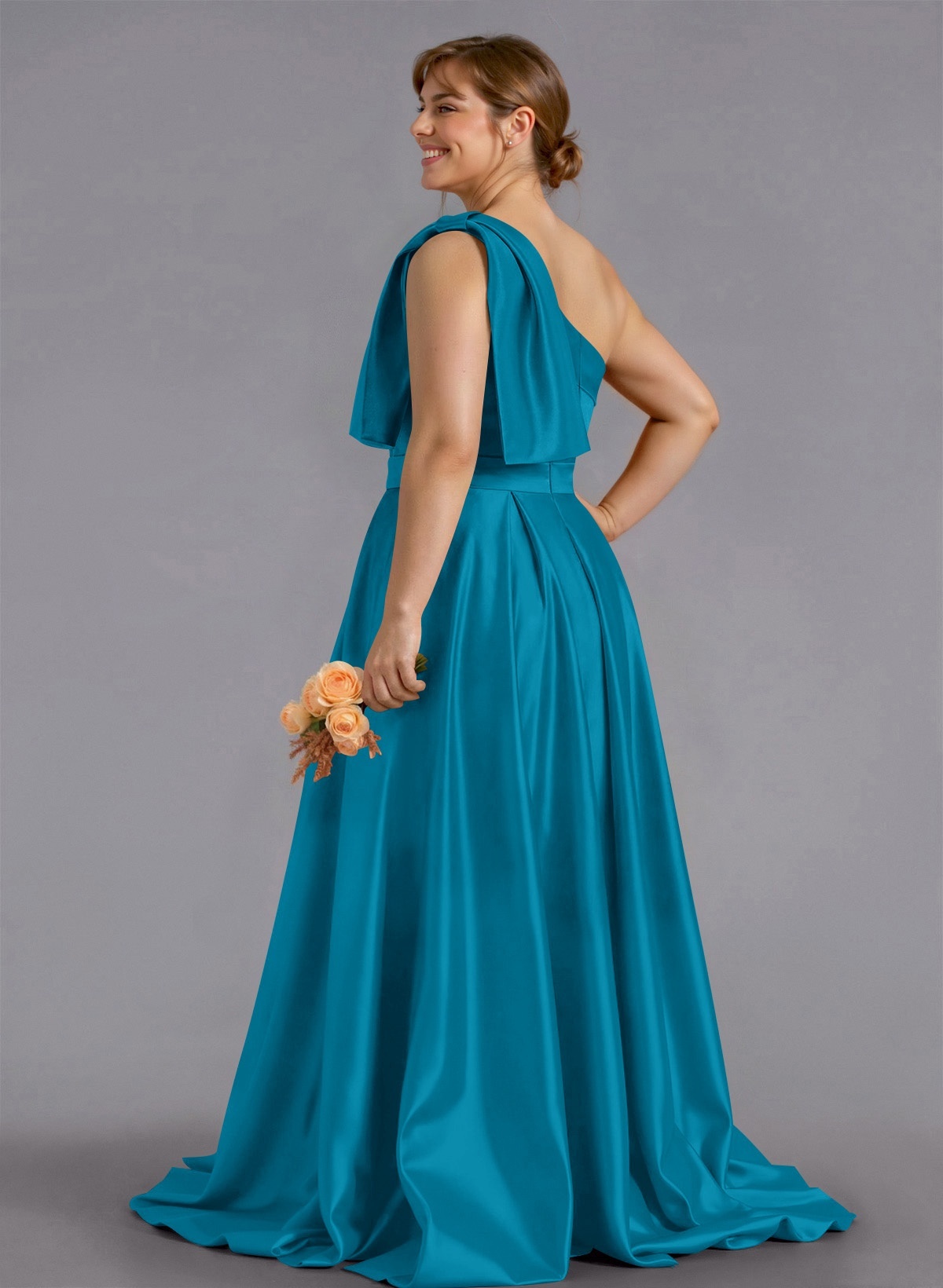 Classy Bow(s) One-Shoulder A-Line Sweep Train Satin Bridesmaid Dresses With Pockets, product image 141