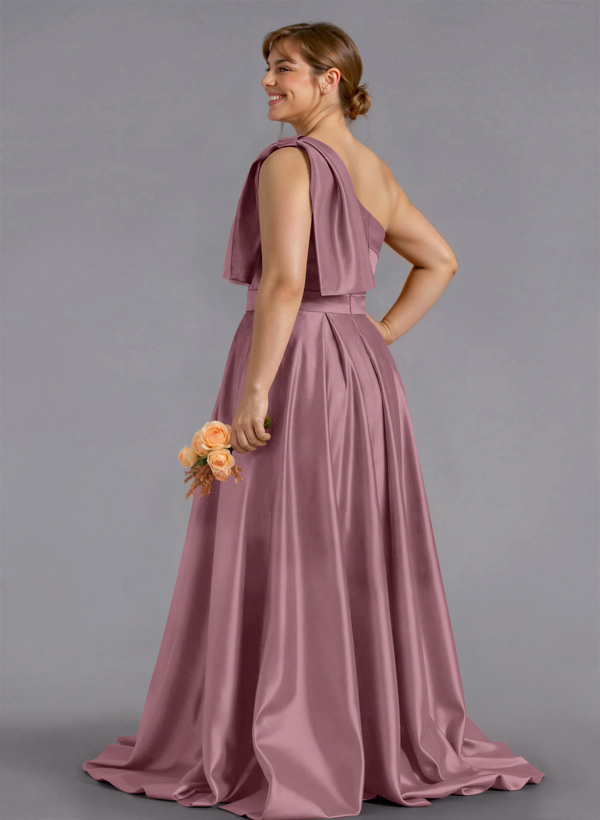 Classy Bow(s) One-Shoulder A-Line Sweep Train Satin Bridesmaid Dresses With Pockets, product image 217