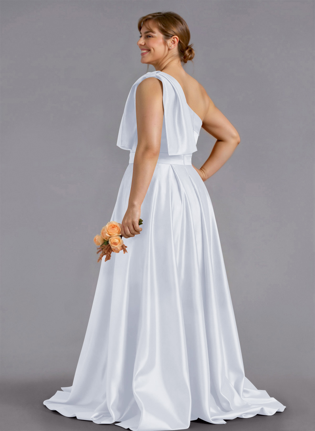 Classy Bow(s) One-Shoulder A-Line Sweep Train Satin Bridesmaid Dresses With Pockets, product image 167