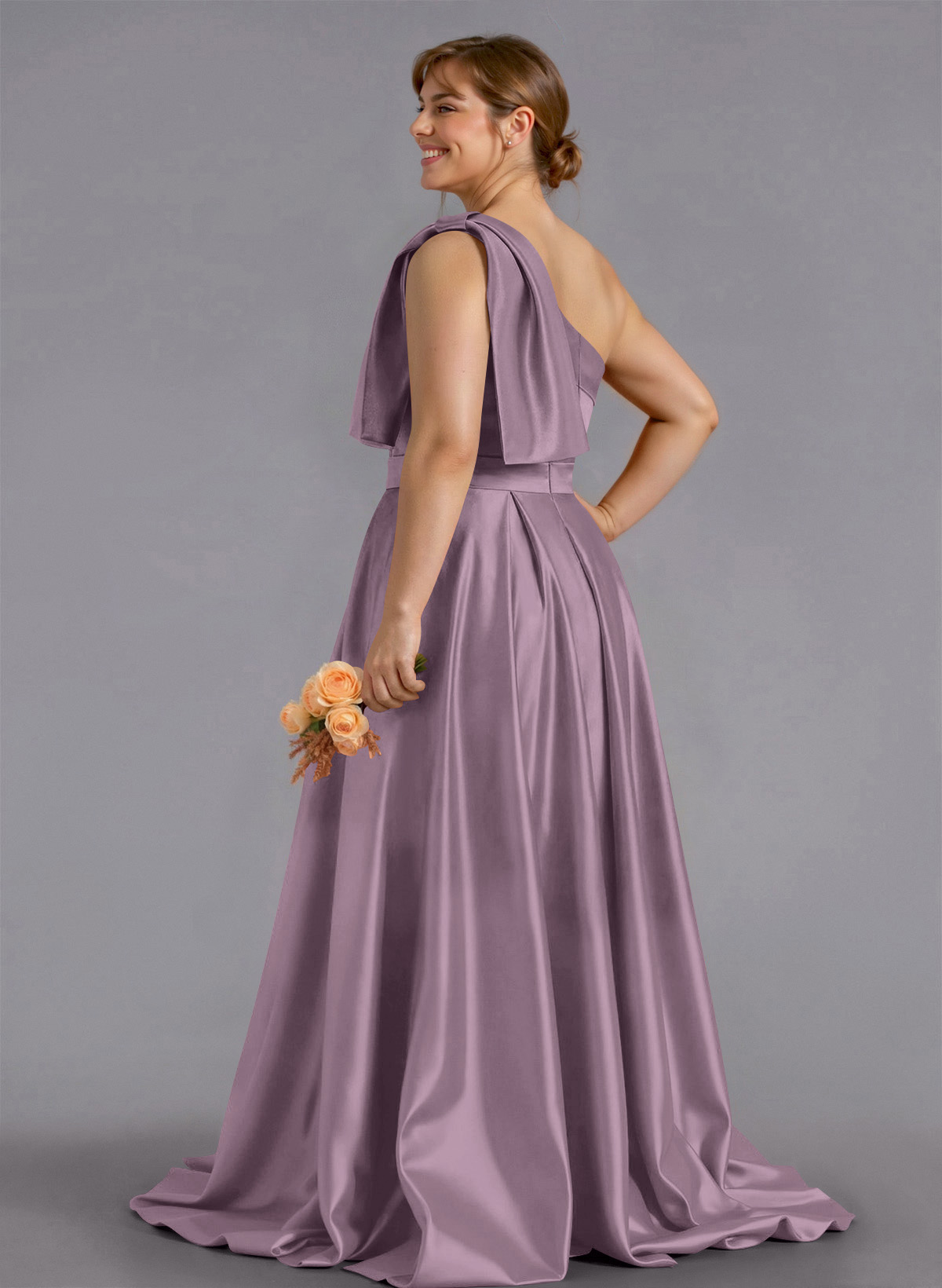Classy Bow(s) One-Shoulder A-Line Sweep Train Satin Bridesmaid Dresses With Pockets, product image 219