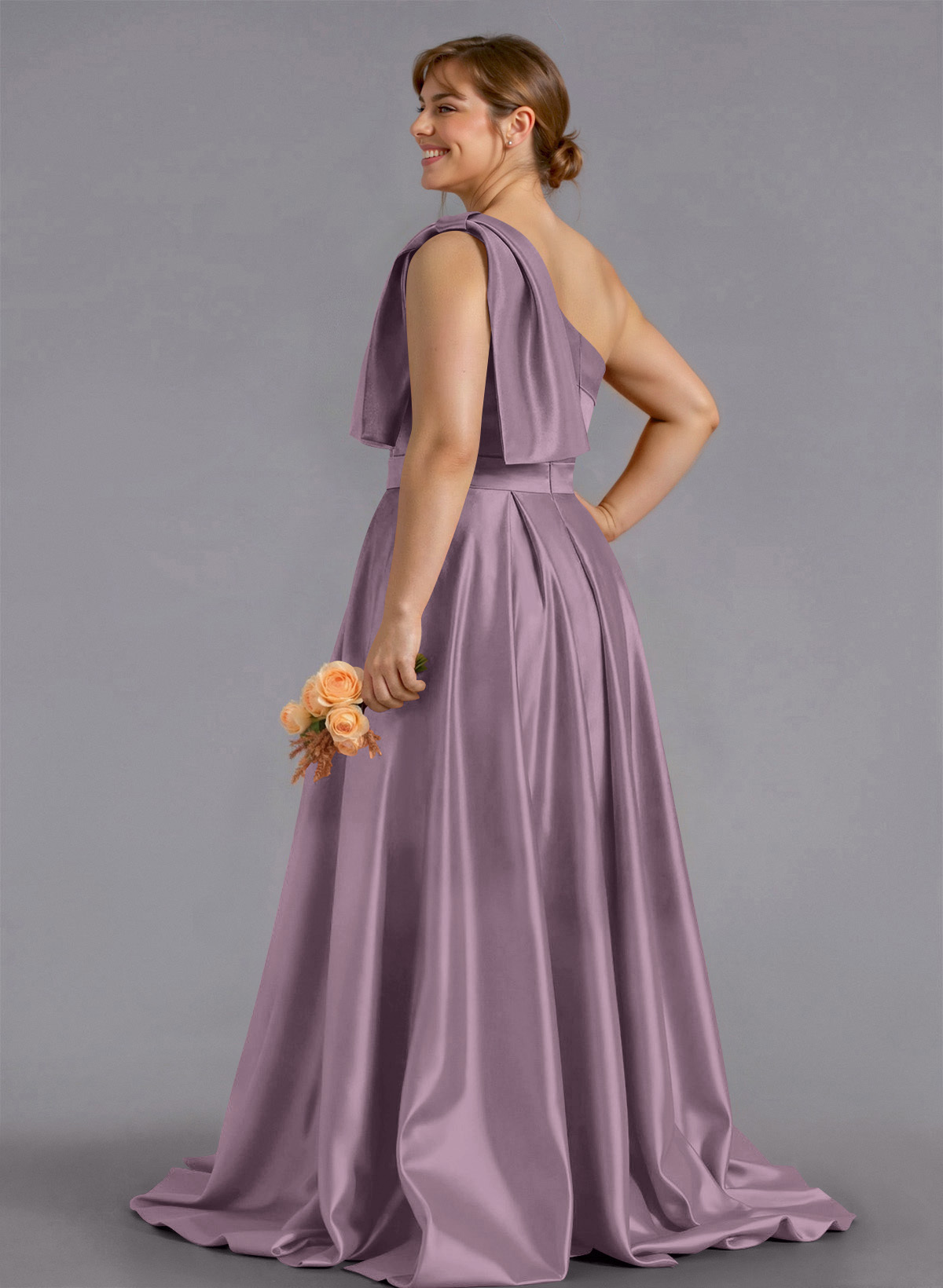 Classy Bow(s) One-Shoulder A-Line Sweep Train Satin Bridesmaid Dresses With Pockets, product image 219