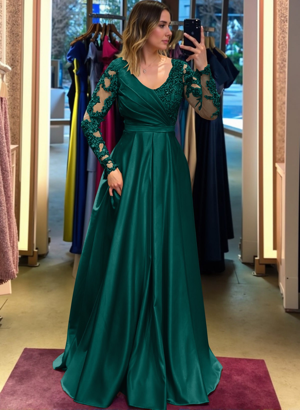 Elegant A-Line Long Sleeves Pleated Satin Evening Dresses With Lace