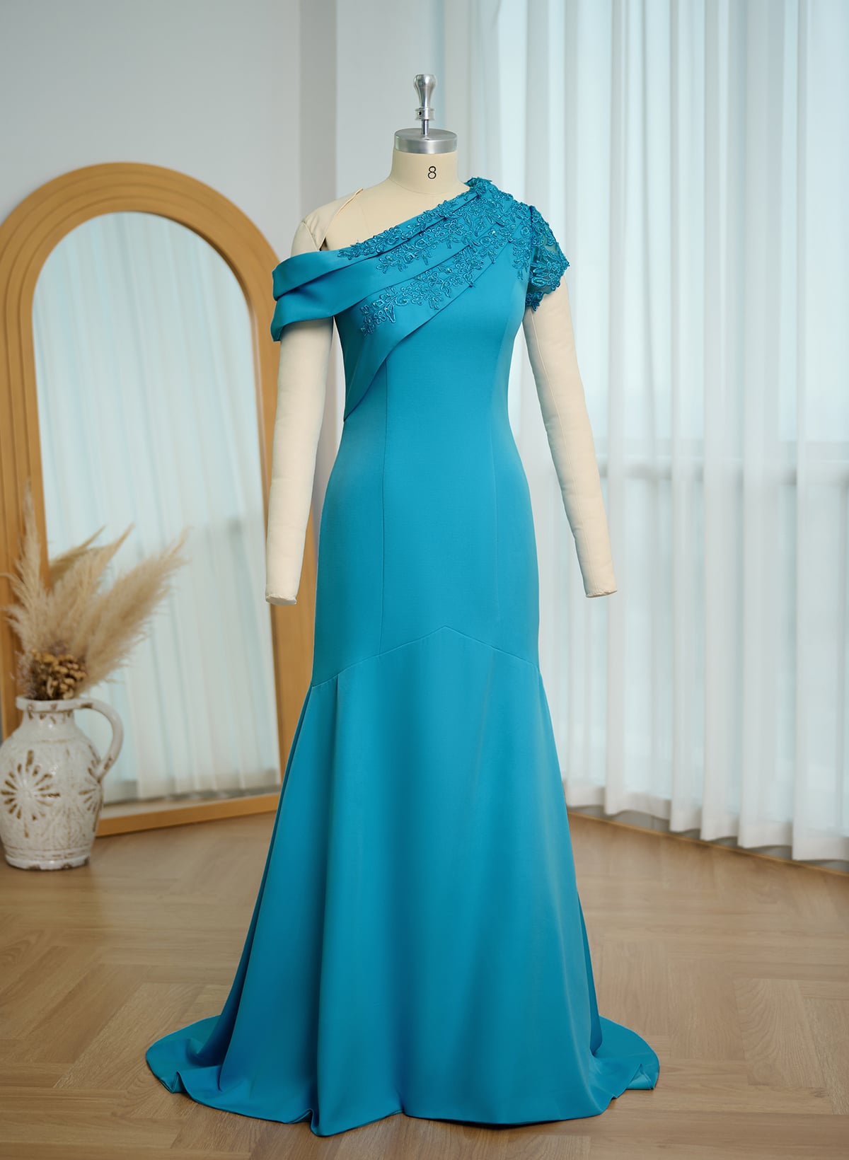 Sheath Asymmetrical Neck Short Sleeves Sweep Train Elastic Satin Mother Of The Bride Dresses