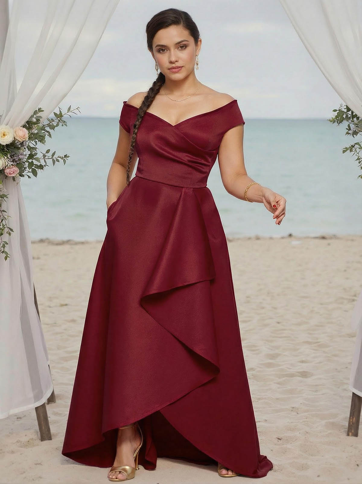 A-Line Off-The-Shoulder Sleeveless Satin Bridesmaid Dresses With Ruffle