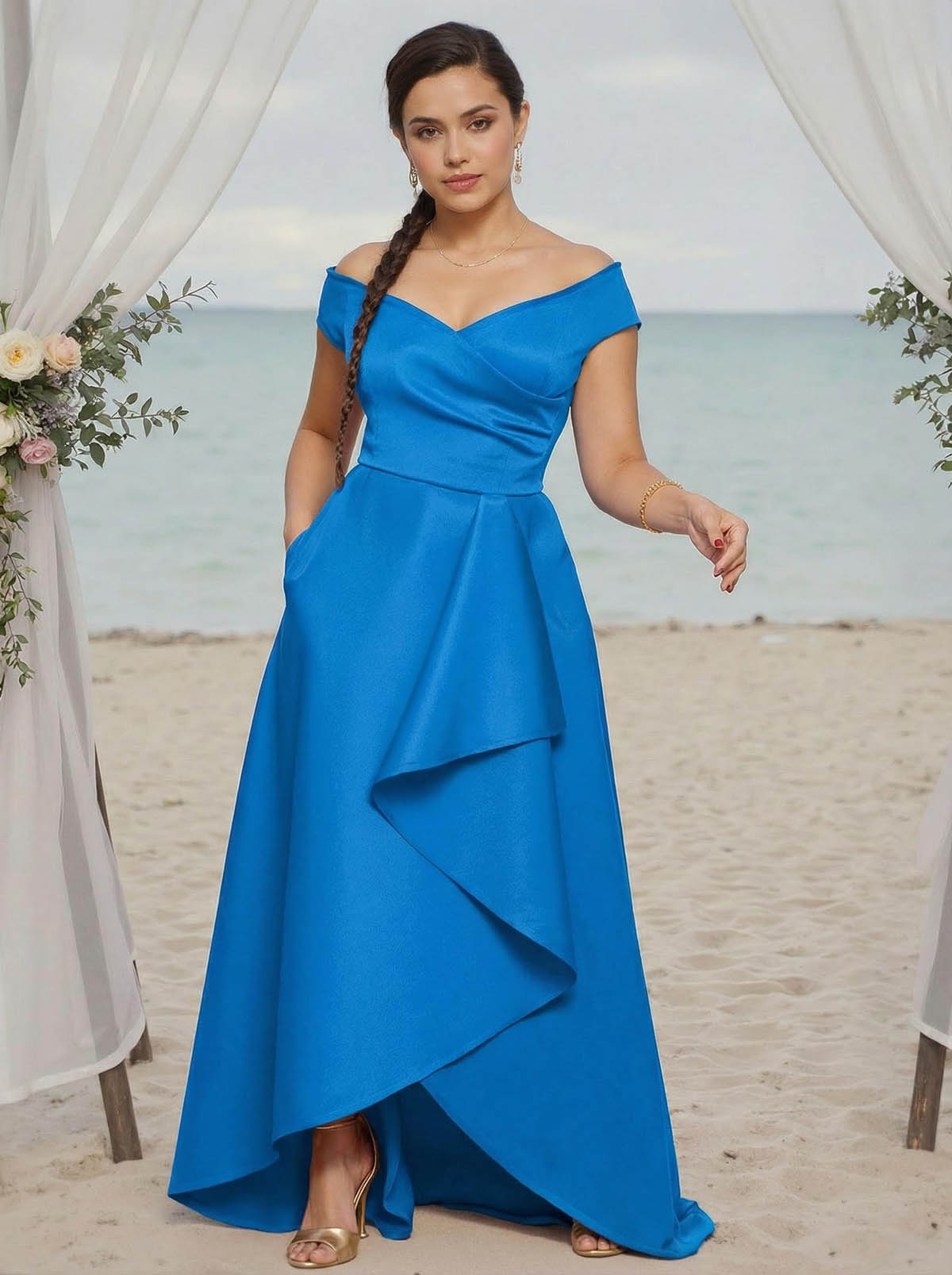 A-Line Off-The-Shoulder Sleeveless Satin Bridesmaid Dresses With Ruffle