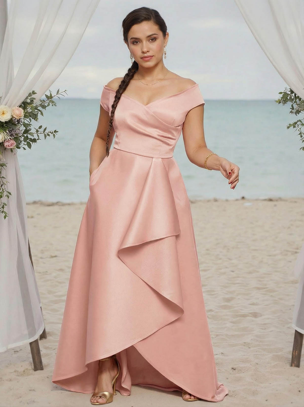A-Line Off-The-Shoulder Sleeveless Satin Bridesmaid Dresses With Ruffle