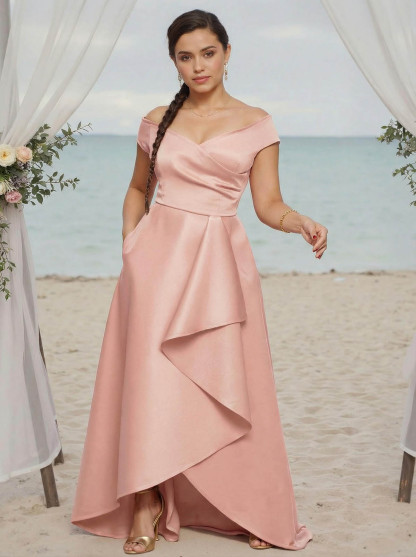 A-Line Off-The-Shoulder Sleeveless Satin Bridesmaid Dresses With Ruffle