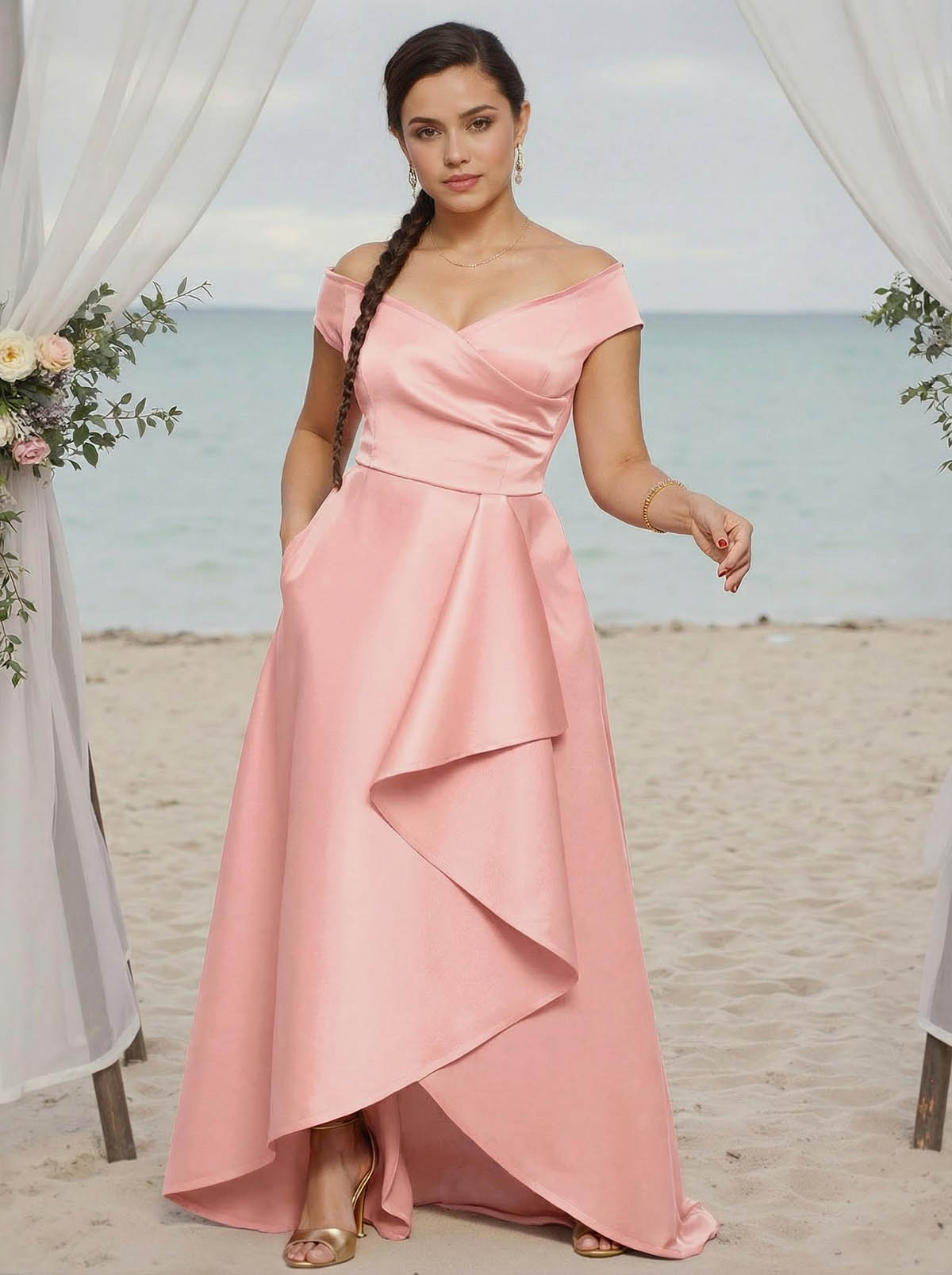 A-Line Off-The-Shoulder Sleeveless Satin Bridesmaid Dresses With Ruffle