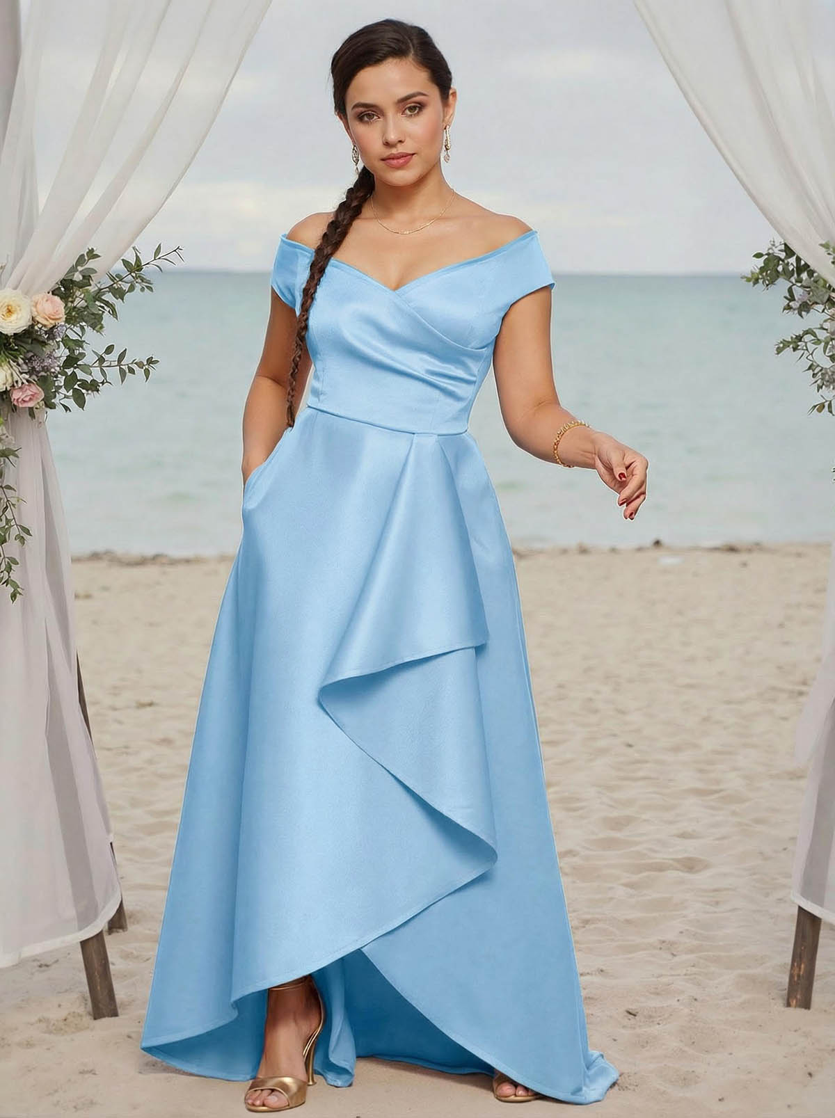 A-Line Off-The-Shoulder Sleeveless Satin Bridesmaid Dresses With Ruffle