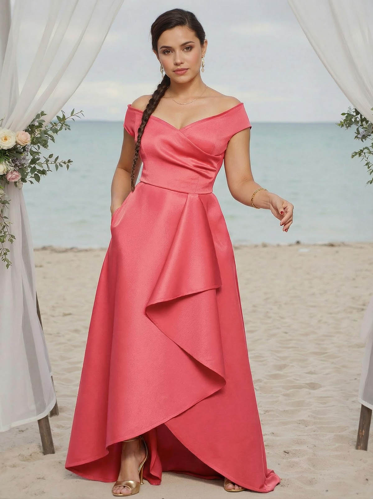 A-Line Off-The-Shoulder Sleeveless Satin Bridesmaid Dresses With Ruffle