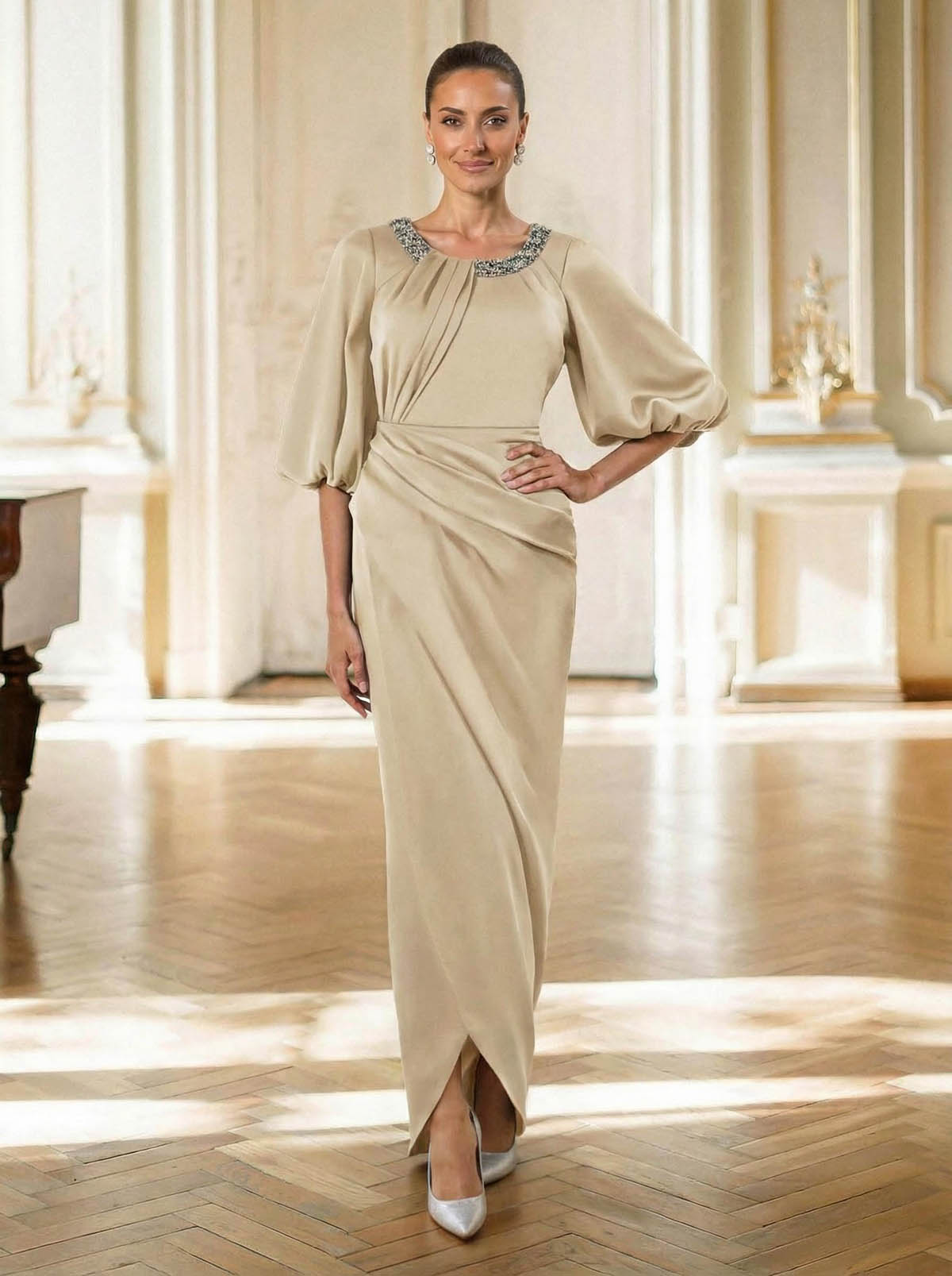 Sheath/Column Scoop Neck 1/2 Sleeves Floor-Length Crepe Satin Mother Of The Bride Dresses