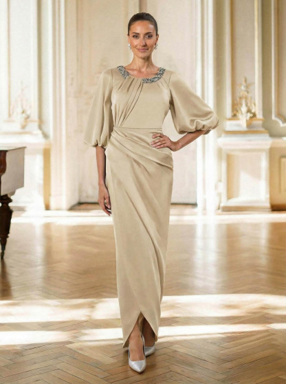 Sheath/Column Scoop Neck 1/2 Sleeves Floor-Length Crepe Satin Mother Of The Bride Dresses