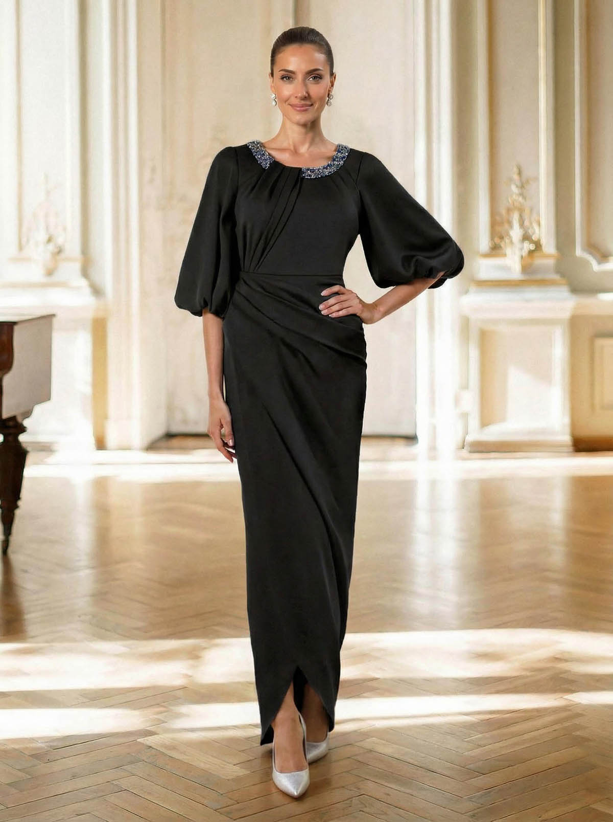 Sheath/Column Scoop Neck 1/2 Sleeves Floor-Length Crepe Satin Mother Of The Bride Dresses