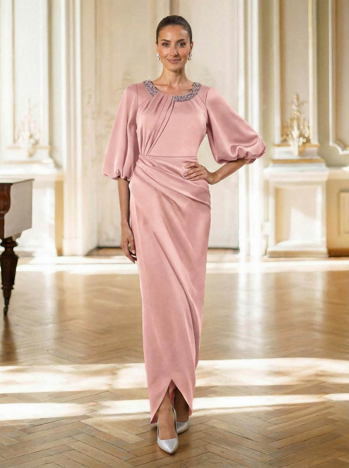 Sheath/Column Scoop Neck 1/2 Sleeves Floor-Length Crepe Satin Mother Of The Bride Dresses