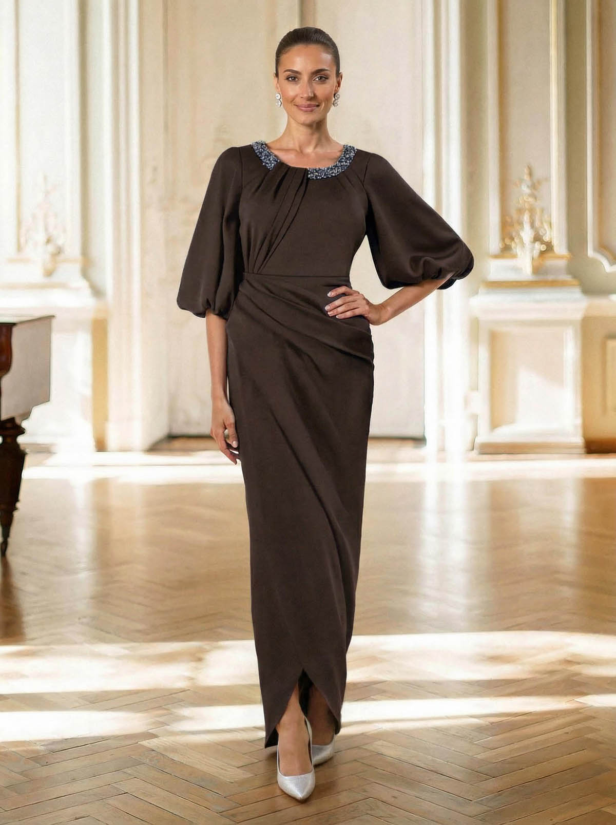 Sheath/Column Scoop Neck 1/2 Sleeves Floor-Length Crepe Satin Mother Of The Bride Dresses