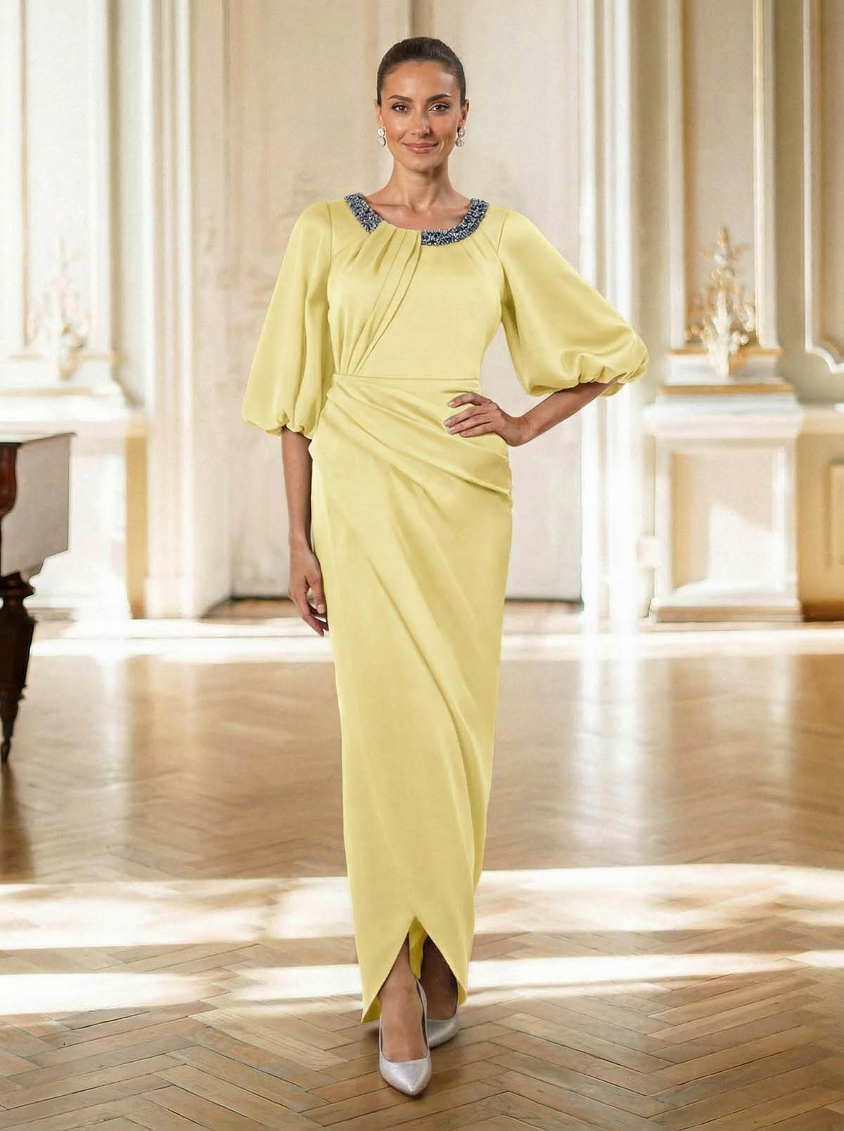 Sheath/Column Scoop Neck 1/2 Sleeves Floor-Length Crepe Satin Mother Of The Bride Dresses