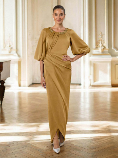 Sheath/Column Scoop Neck 1/2 Sleeves Floor-Length Crepe Satin Mother Of The Bride Dresses