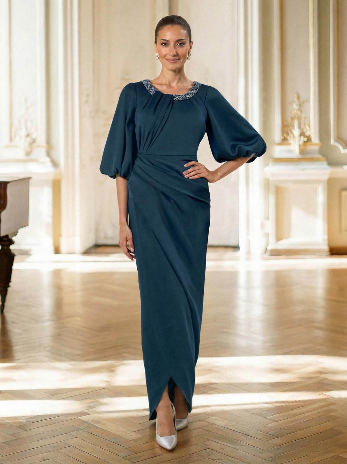 Sheath/Column Scoop Neck 1/2 Sleeves Floor-Length Crepe Satin Mother Of The Bride Dresses