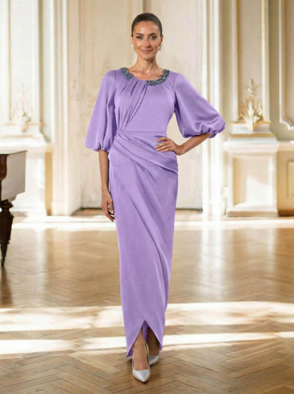 Sheath/Column Scoop Neck 1/2 Sleeves Floor-Length Crepe Satin Mother Of The Bride Dresses