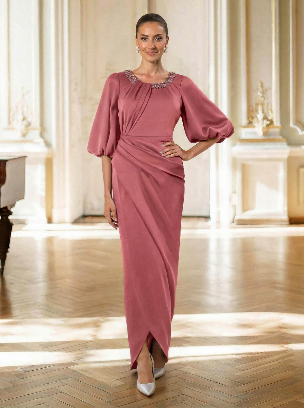 Sheath/Column Scoop Neck 1/2 Sleeves Floor-Length Crepe Satin Mother Of The Bride Dresses