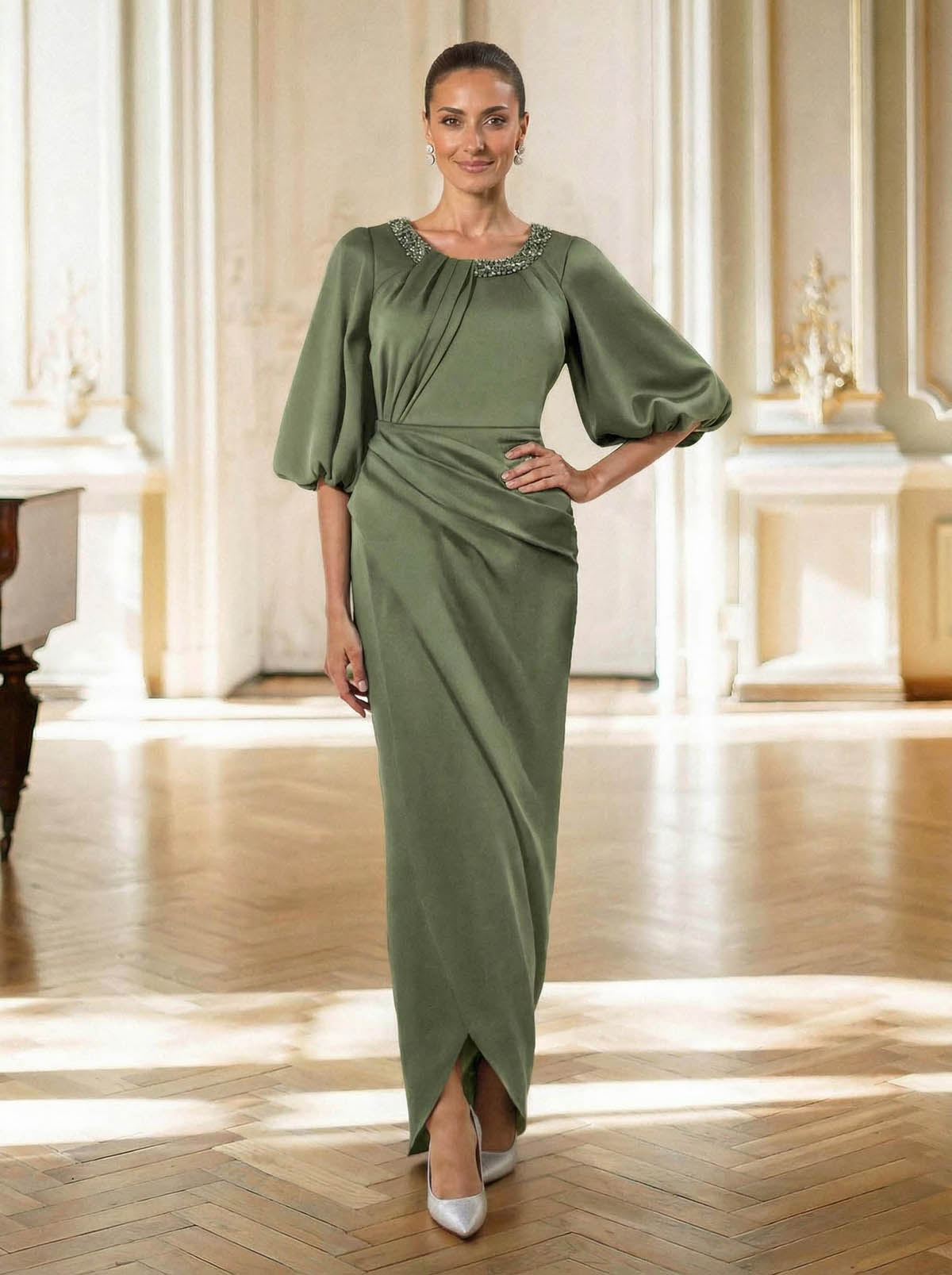 Sheath/Column Scoop Neck 1/2 Sleeves Floor-Length Crepe Satin Mother Of The Bride Dresses