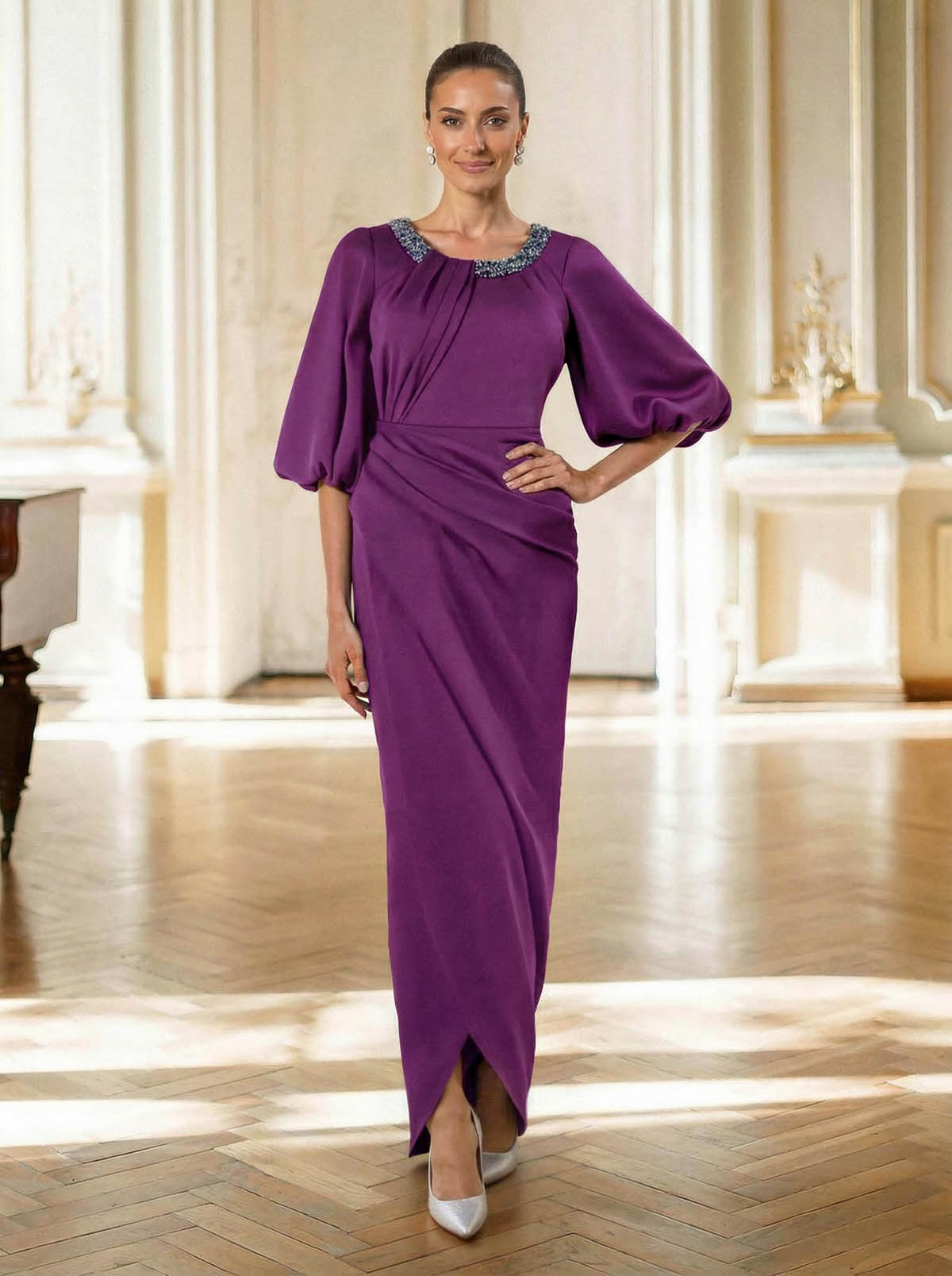 Sheath/Column Scoop Neck 1/2 Sleeves Floor-Length Crepe Satin Mother Of The Bride Dresses