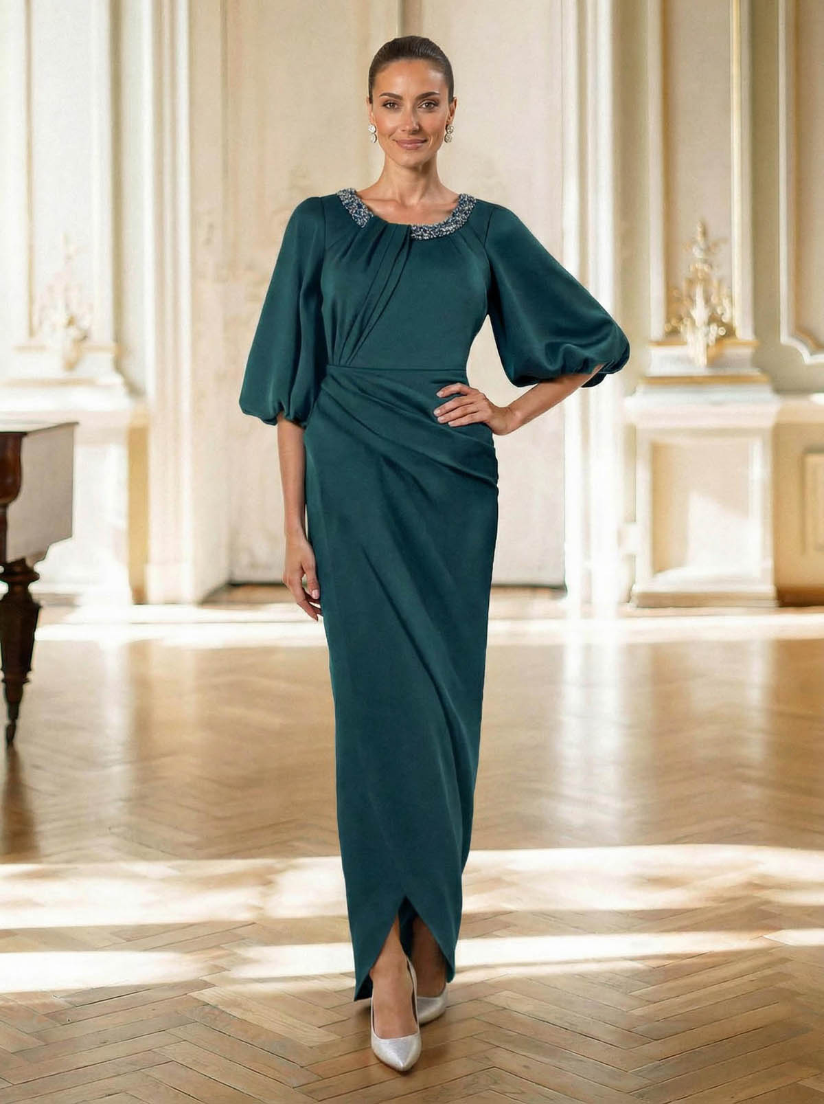 Sheath/Column Scoop Neck 1/2 Sleeves Floor-Length Crepe Satin Mother Of The Bride Dresses