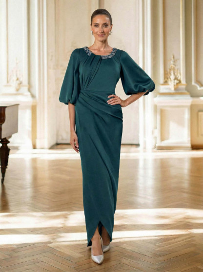 Sheath/Column Scoop Neck 1/2 Sleeves Floor-Length Crepe Satin Mother Of The Bride Dresses