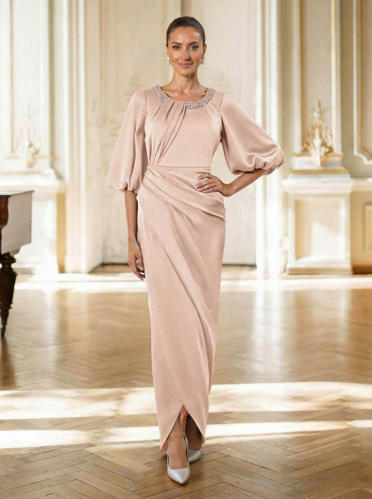 Sheath/Column Scoop Neck 1/2 Sleeves Floor-Length Crepe Satin Mother Of The Bride Dresses