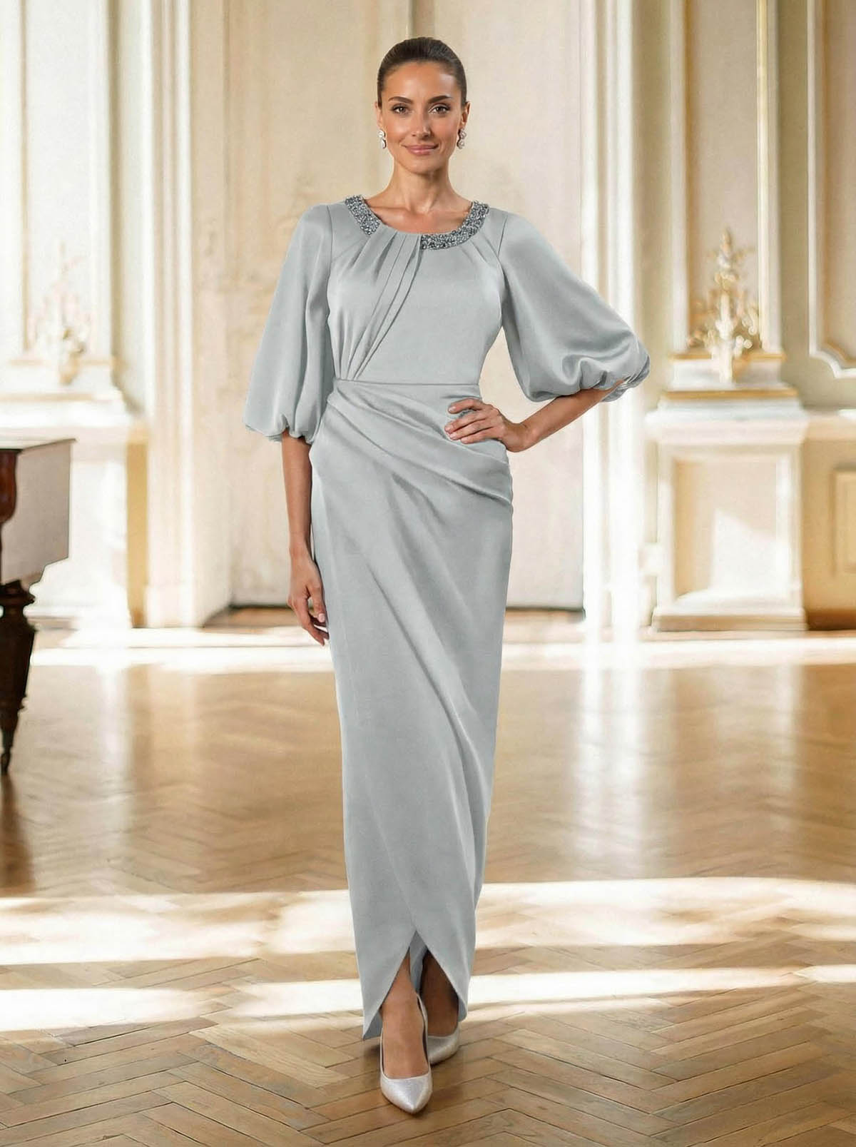 Sheath/Column Scoop Neck 1/2 Sleeves Floor-Length Crepe Satin Mother Of The Bride Dresses