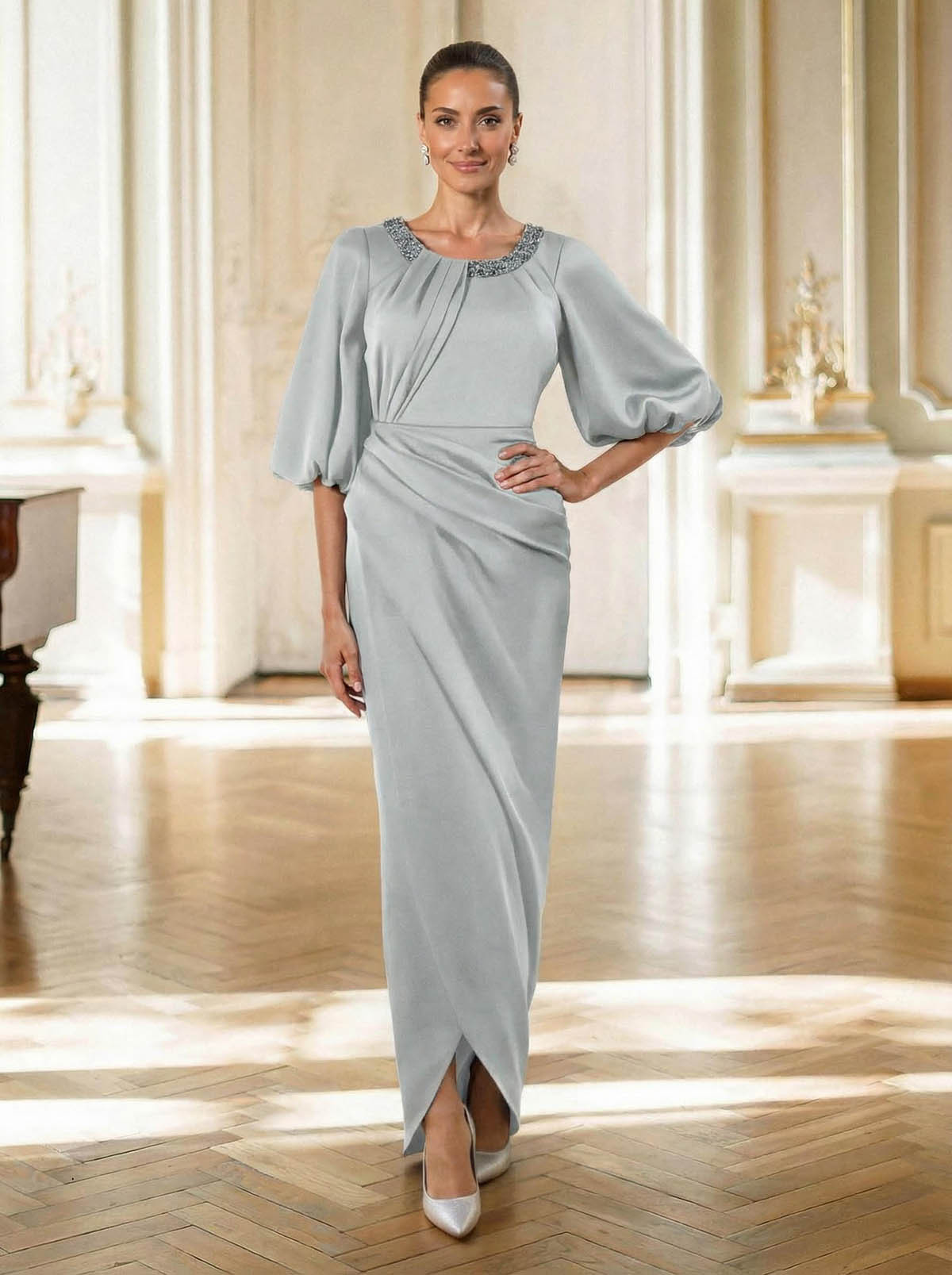 Sheath/Column Scoop Neck 1/2 Sleeves Floor-Length Crepe Satin Mother Of The Bride Dresses