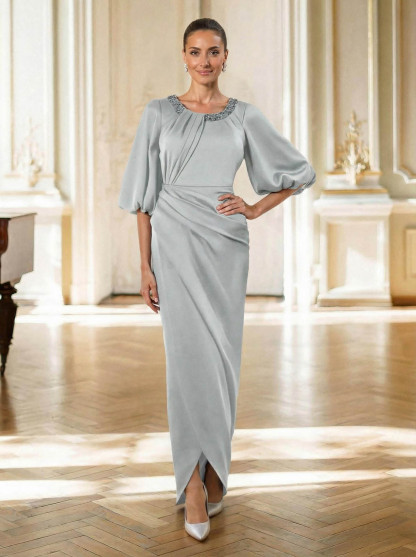 Sheath/Column Scoop Neck 1/2 Sleeves Floor-Length Crepe Satin Mother Of The Bride Dresses