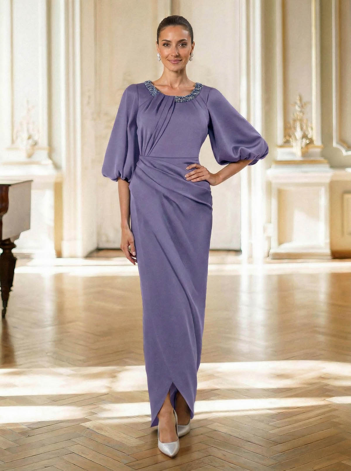 Sheath/Column Scoop Neck 1/2 Sleeves Floor-Length Crepe Satin Mother Of The Bride Dresses