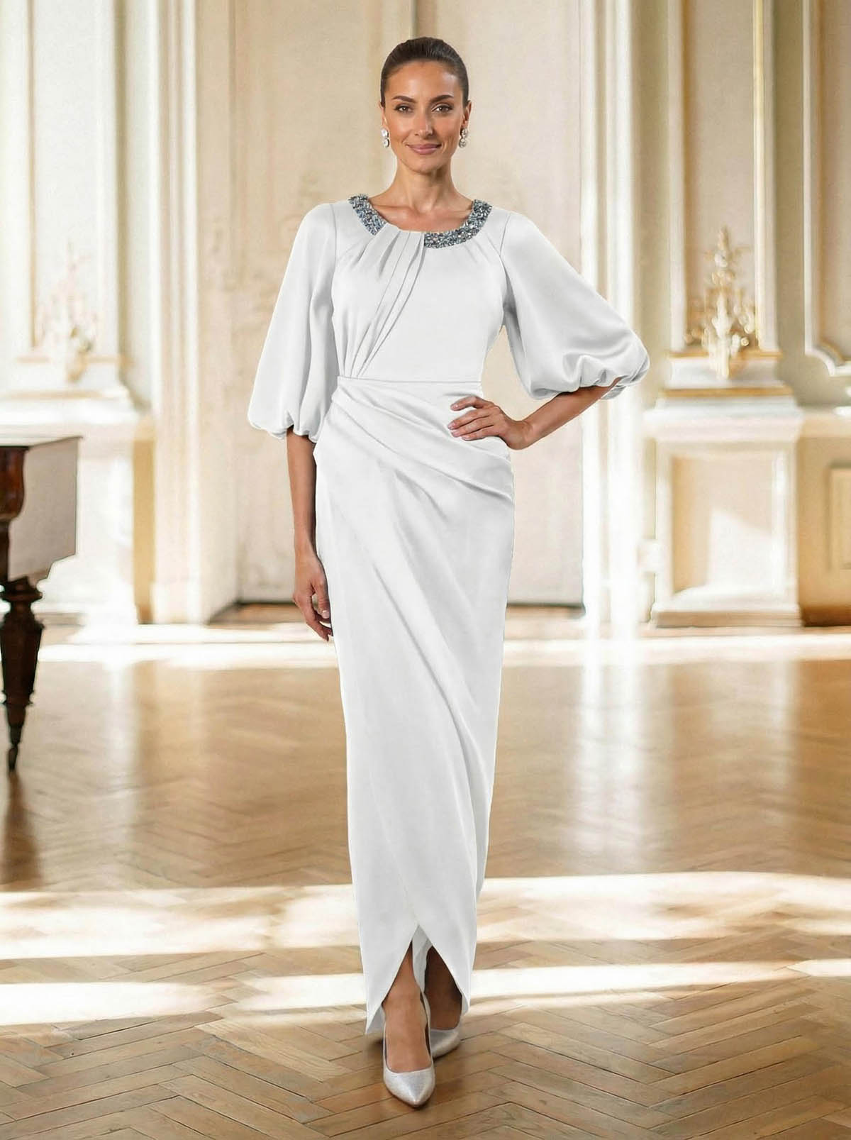 Sheath/Column Scoop Neck 1/2 Sleeves Floor-Length Crepe Satin Mother Of The Bride Dresses