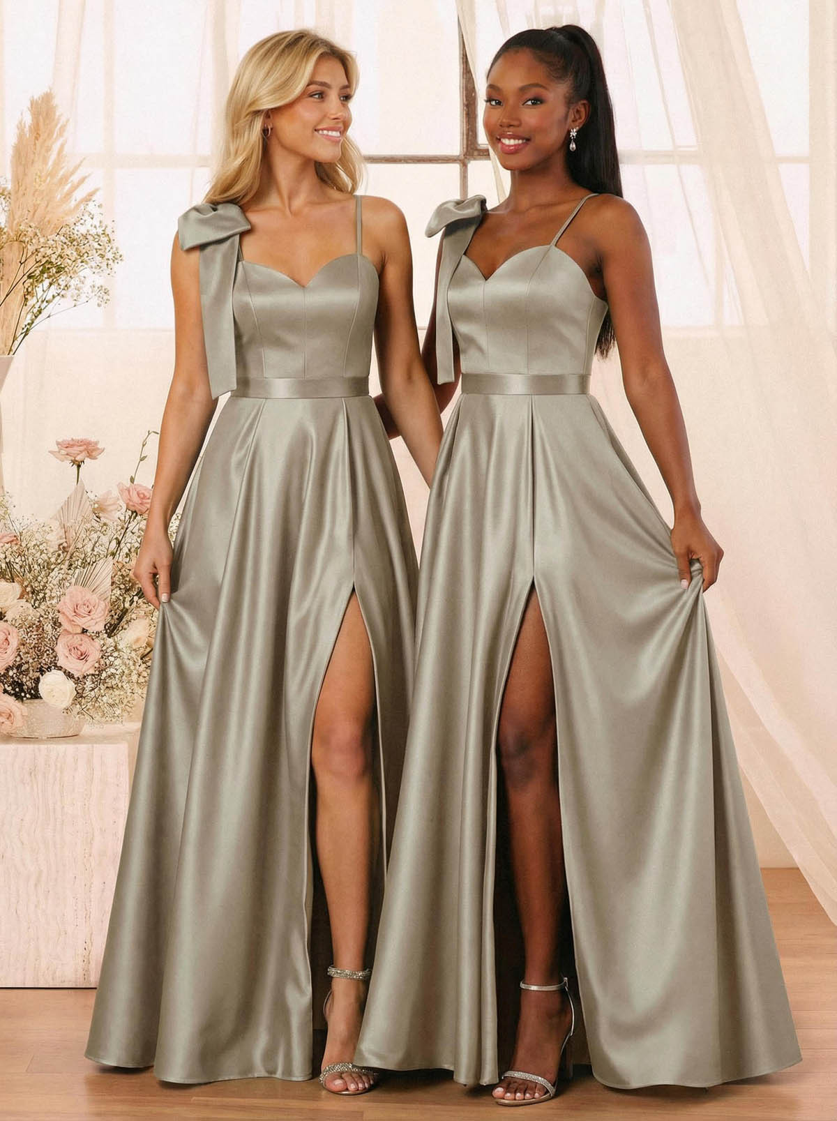 A-Line Sweetheart Floor-Length Satin Bridesmaid Dresses With Bow(s)/High Split, product image 39