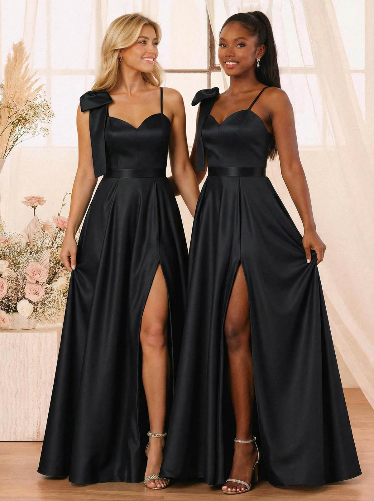 A-Line Sweetheart Floor-Length Satin Bridesmaid Dresses With Bow(s)/High Split, product image 36