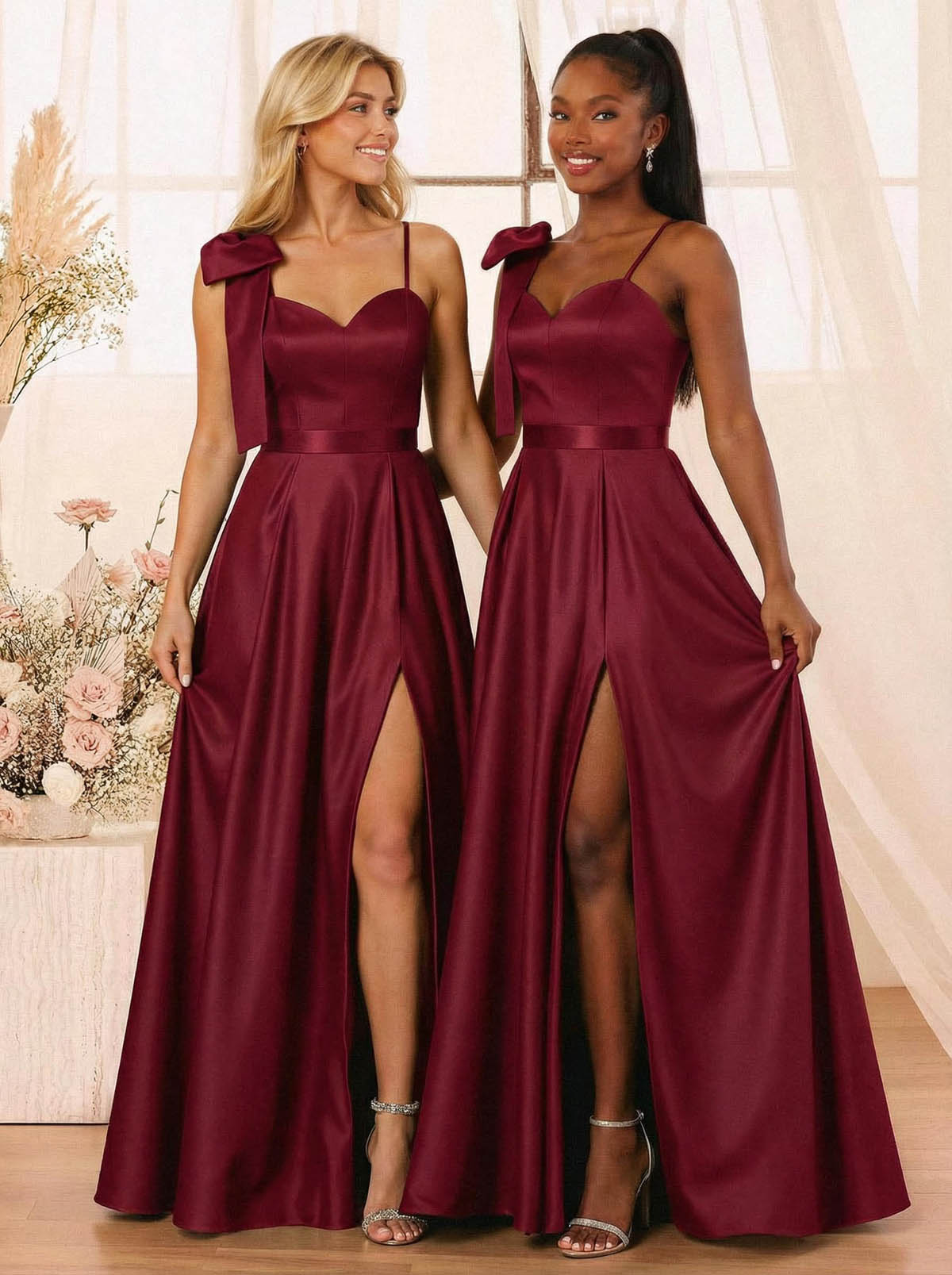 A-Line Sweetheart Floor-Length Satin Bridesmaid Dresses With Bow(s)/High Split, product image 11