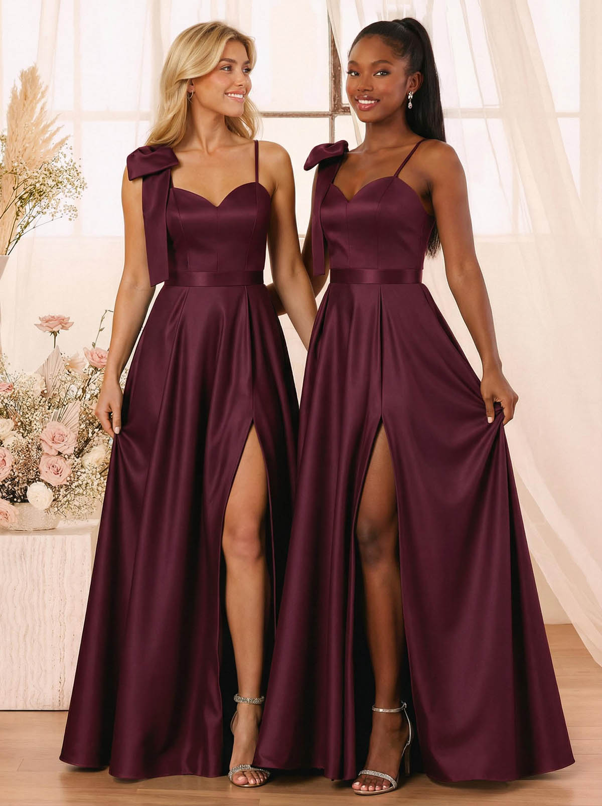 A-Line Sweetheart Floor-Length Satin Bridesmaid Dresses With Bow(s)/High Split, product image 10